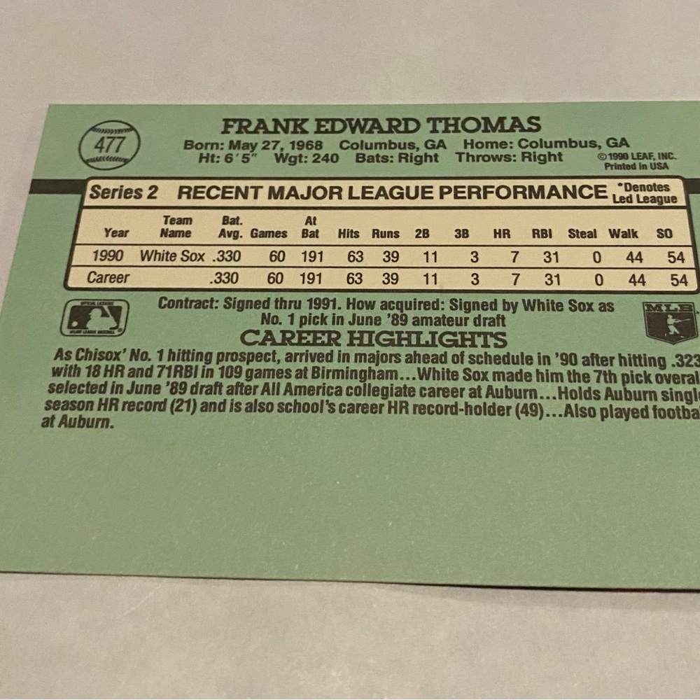 Frank Thomas RC Rookie 1990 Donruss Baseball Card Vintage Collectible - Picture 4 of 4